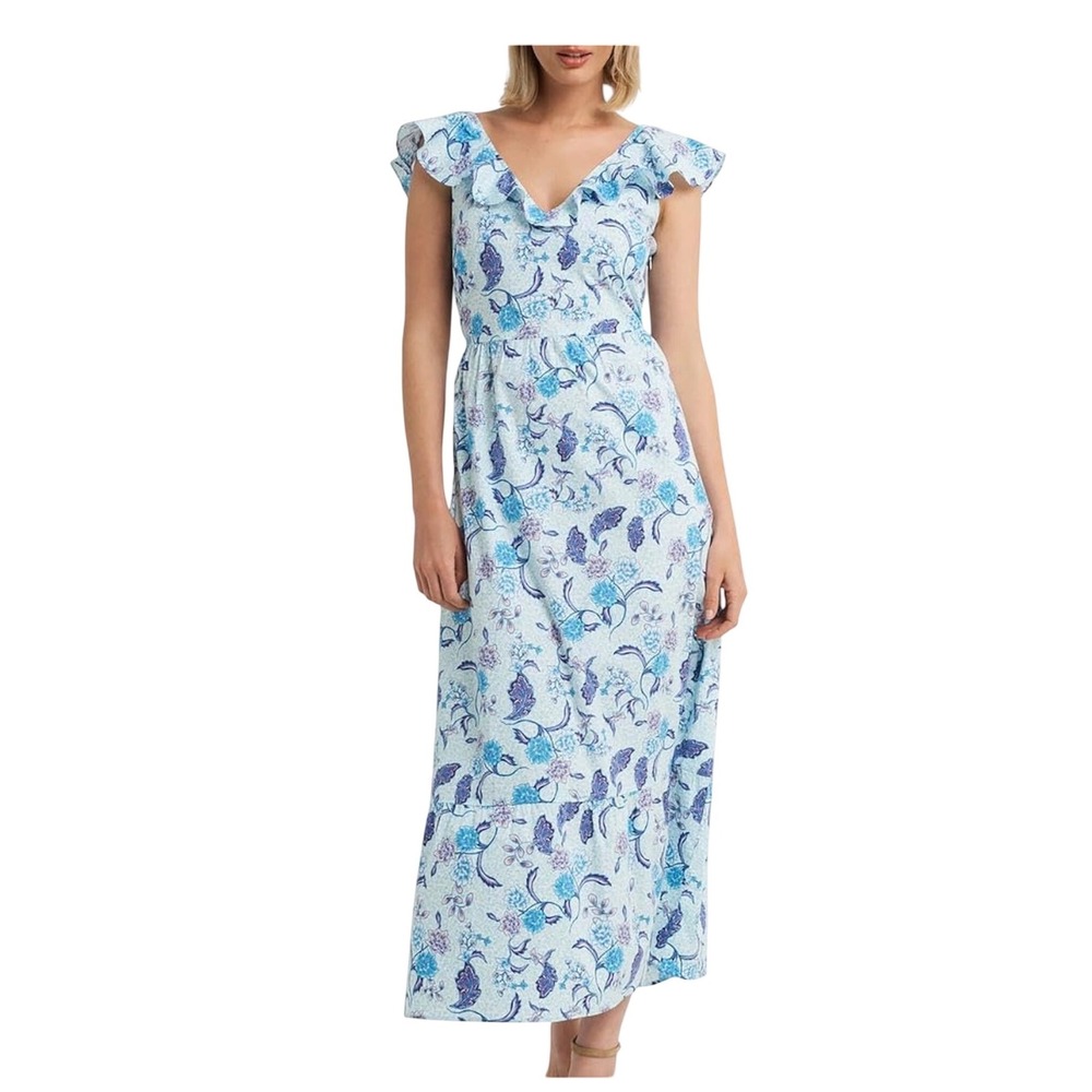 H Halston Blue Floral Midi Dress V Neck Ruffle Sleeve Tie‎ Back Womens Small